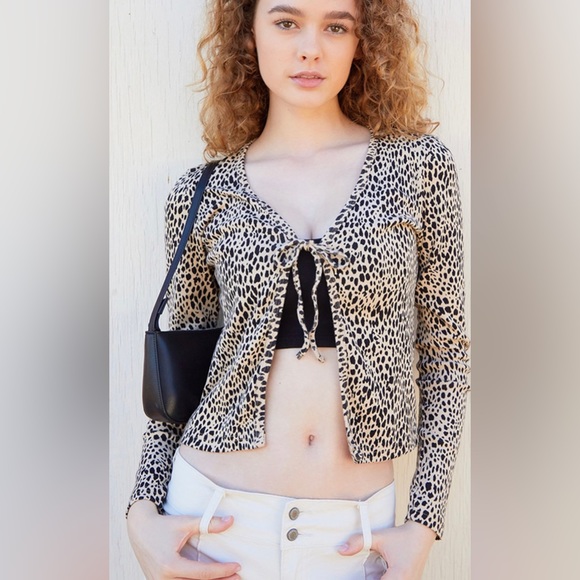 Brandy Melville Tops - John Galt Leopard Greta Long Sleeve Tie Front Top, NWT, Women’s Small